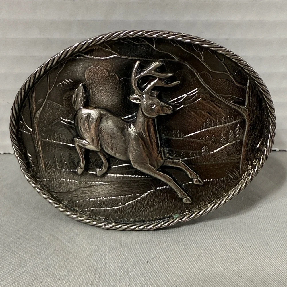 Vintage 1980 Leaping Buck Deer Mountain Backdrop Belt Buckle Made in USA #472
